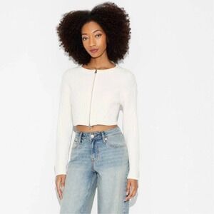 Wild Fable‎ Women Cream Ribbed Cropped Zipper Sweater Size M